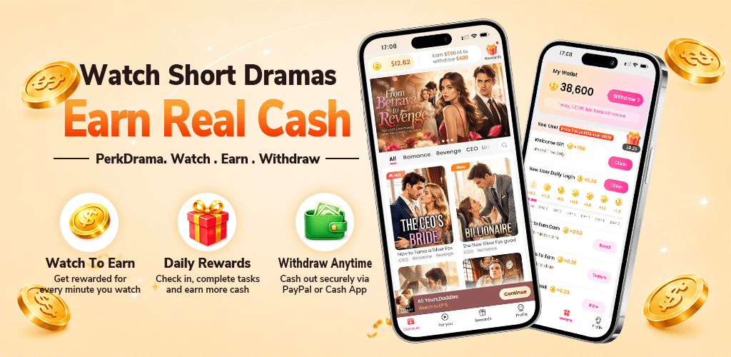 PerkDrama promotional banner: watch short dramas and get rewarded